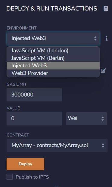 screenshot of Remix IDE, which has shown the dropdown under which one is Injected Web3
