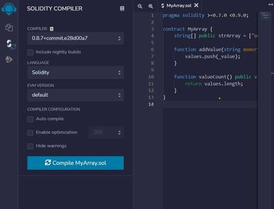 wepage of Remix IDE showing compiler tab