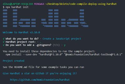image of terminal after running npx hardhat init and it created a javascript project